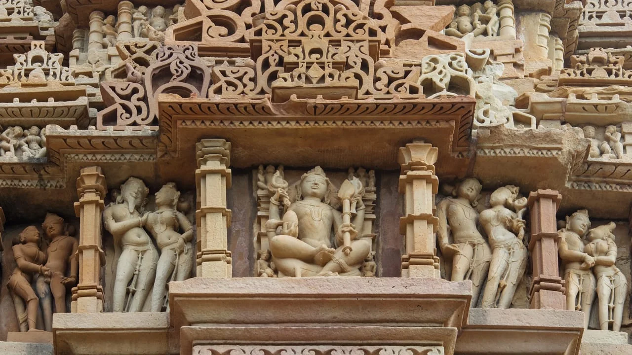 Carved temple details in Khajuraho